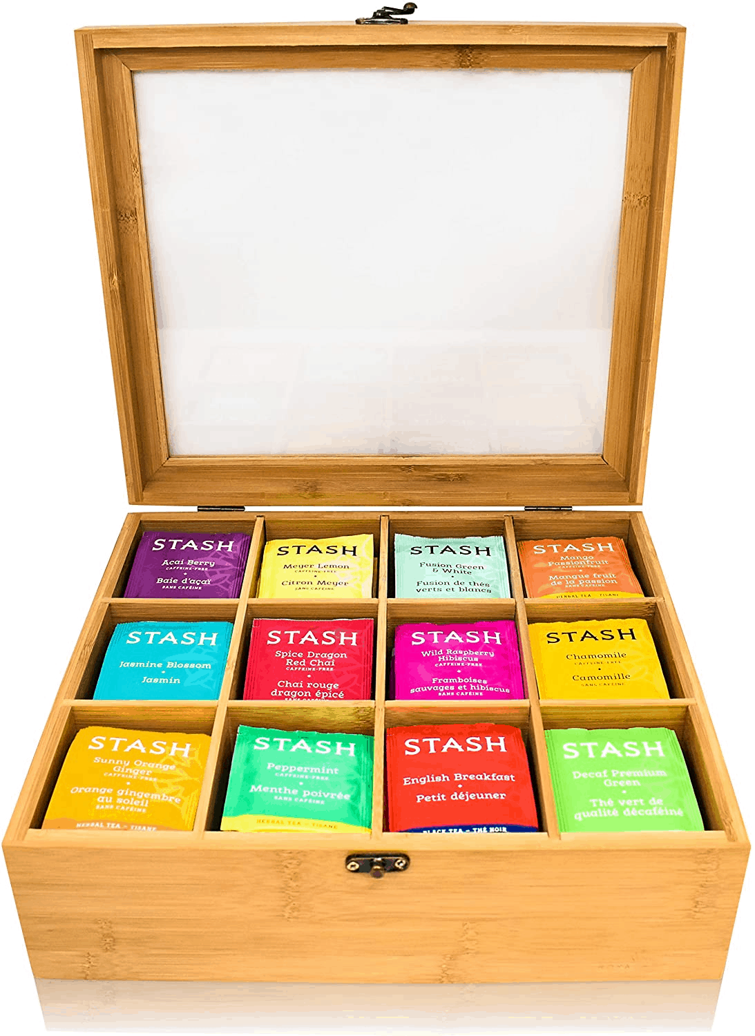 4 Compartments Tea Box Sachets Display Storage with Window Wooden Finish