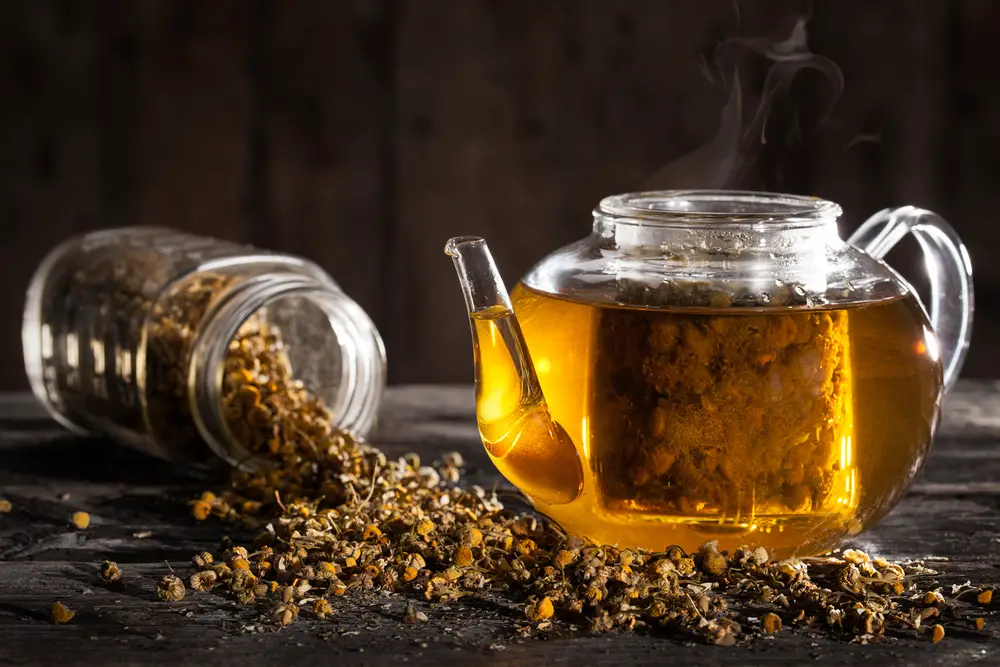 chamomile tea loose leaf and teapot