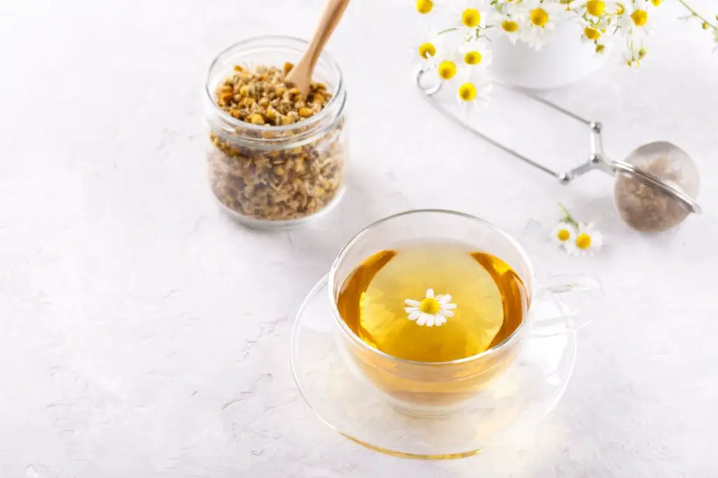 a cup of chamomile tea with fresh chamomile flowers