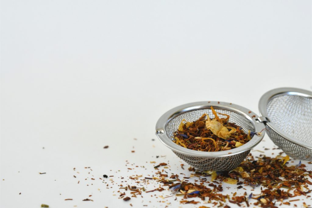 tea leaves inside a tea infuser
